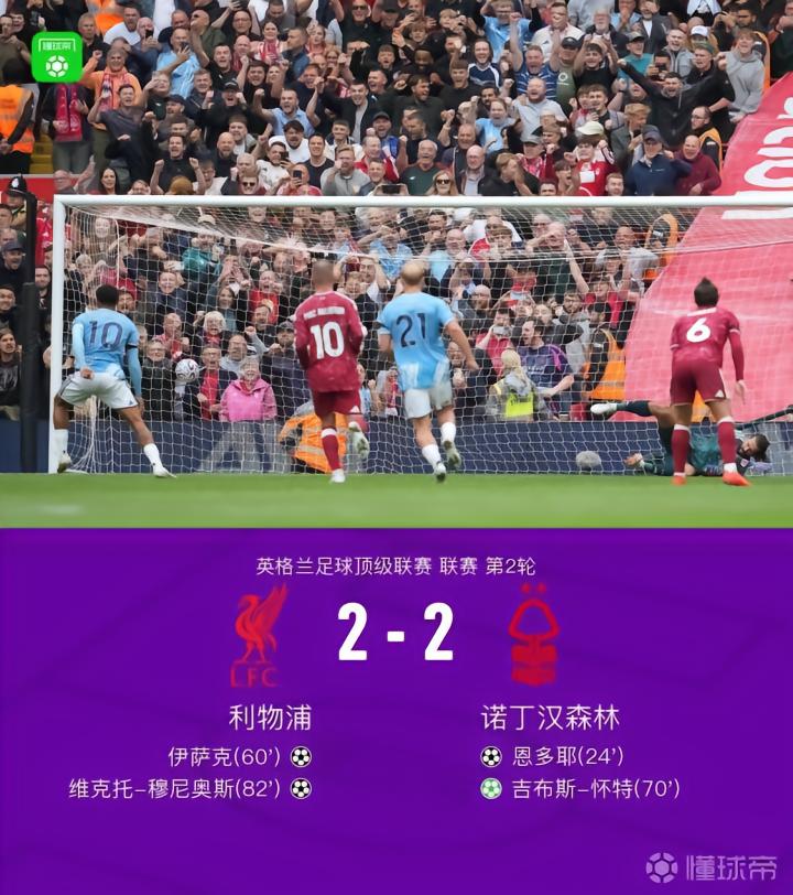 利物浦2-2平森林,吉布斯-怀特传射,穆尼奥斯进球